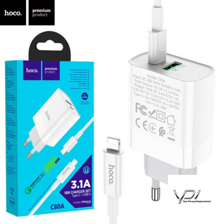 СЗУ 1USB Hoco C80A +Type-C QC3.0 White + Cable Type-C to Lightning (3.1A)