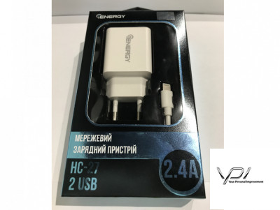 СЗУ iENERGY CHARGER HC-27, 2USB, 2,4A 2IN1 + Cable Iphone