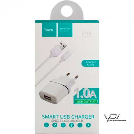 СЗУ 1USB Hoco C11 White + USB Cable MicroUSB (1A)
